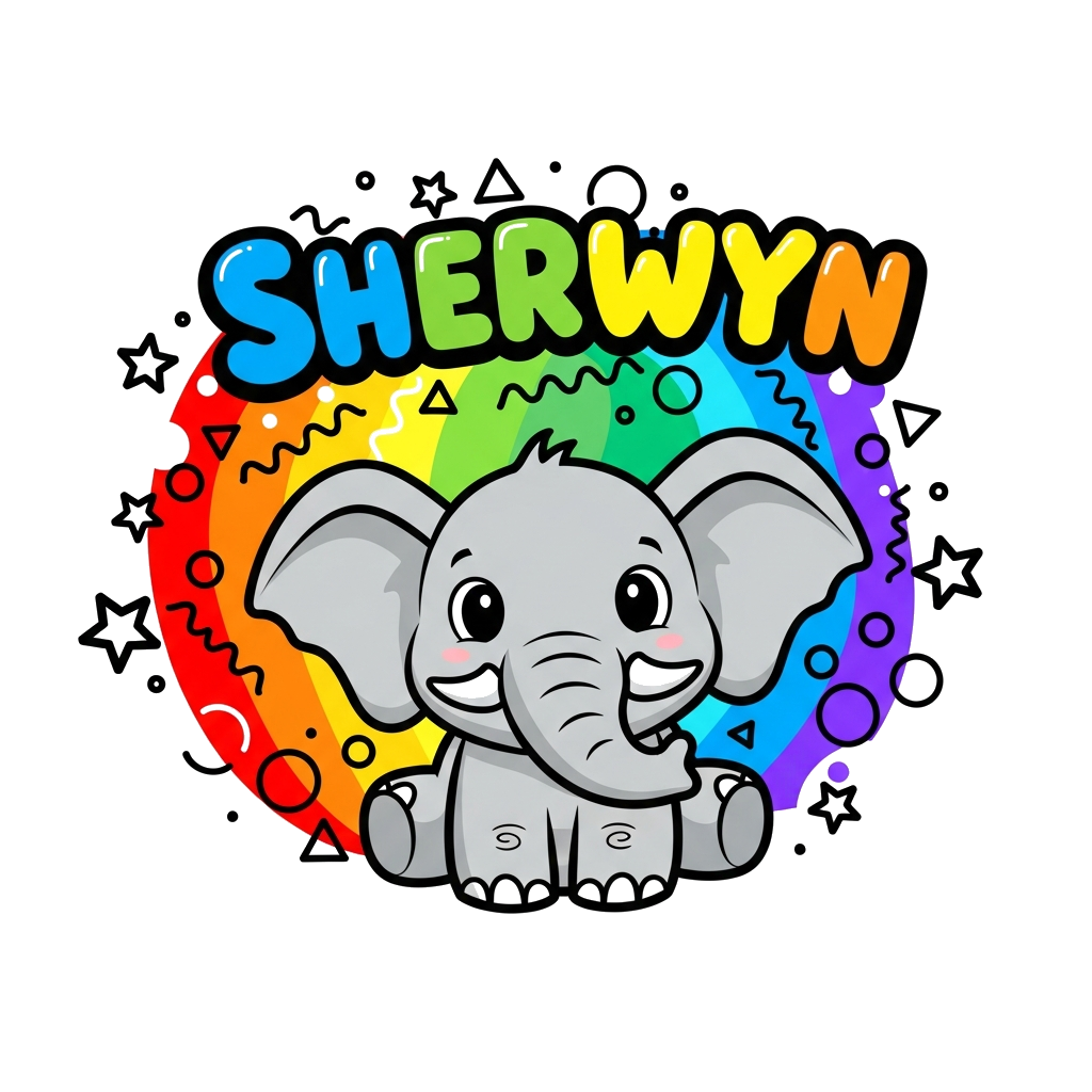 Custom design: A playful illustration of a happy baby elephant surrounded by a rainbow of abstract shapes and stars, with the name '...