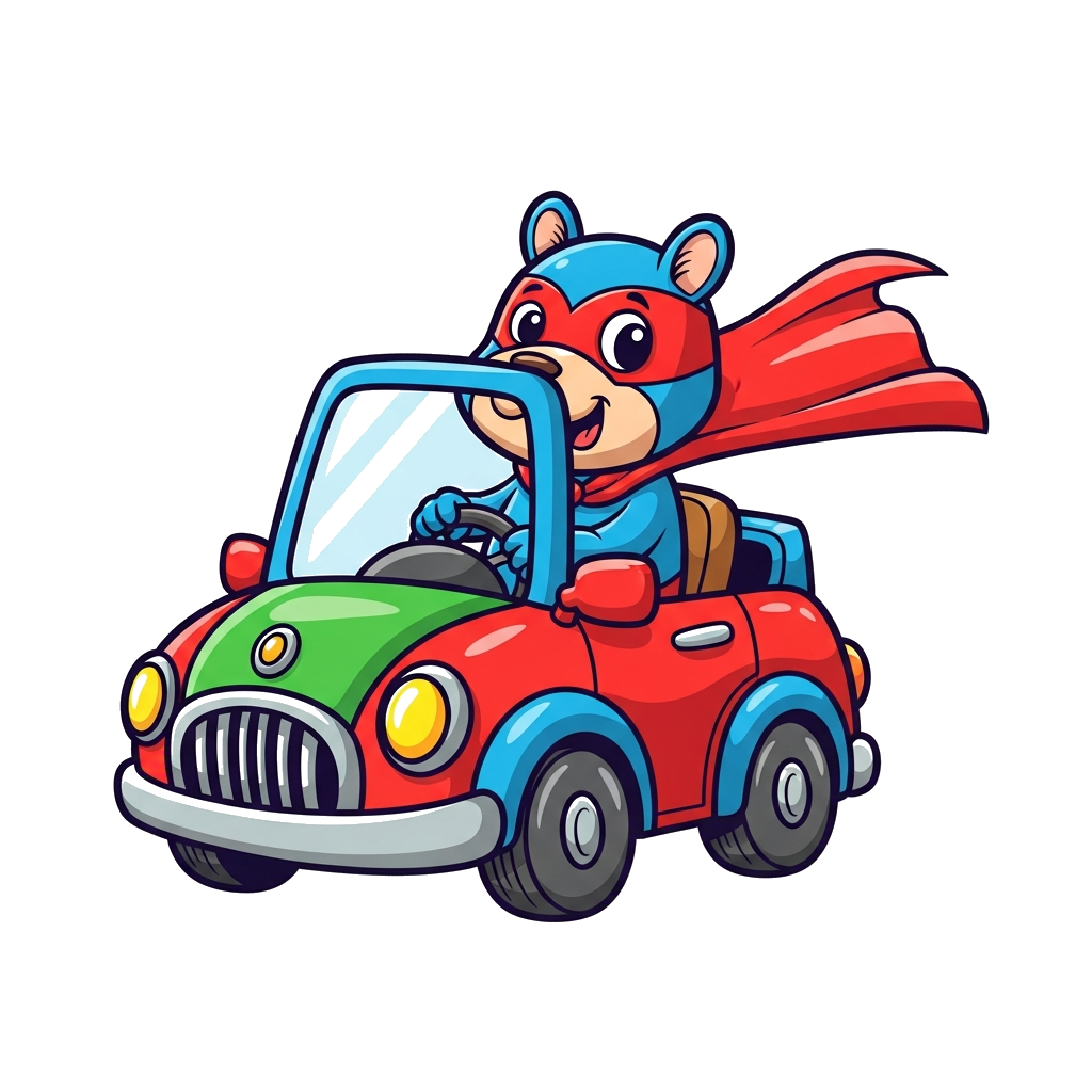 Custom design: A cute cartoon superhero animal (like a lion or bear) driving a brightly colored, fun cartoon car, with a cape flutte...