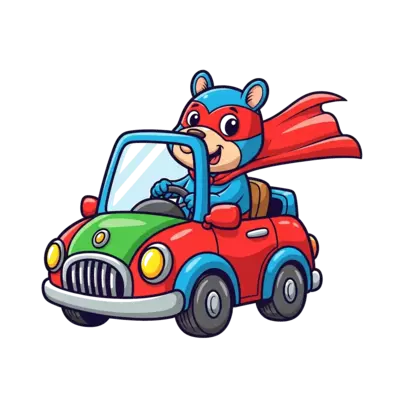Design: A cute cartoon superhero animal (like a lion or bear) driving a brightly colo...
