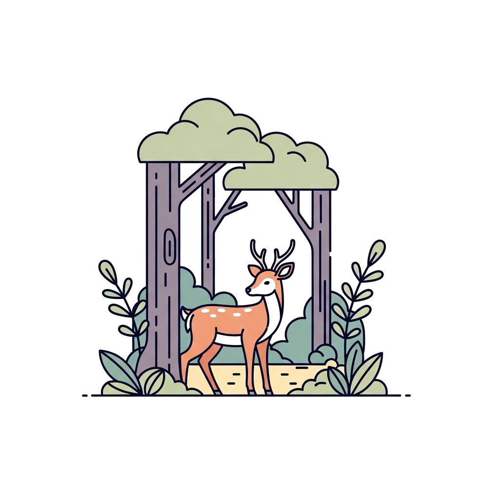Custom design: A minimalist line art illustration of a serene forest scene with a gentle deer and subtle foliage, in a muted pastel ...
