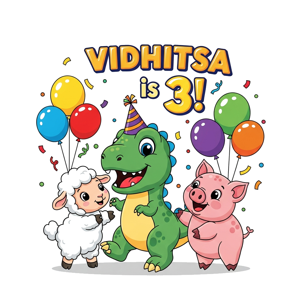 Custom design: A vibrant cartoon illustration for a 3-year-old girl, featuring a friendly baby T-Rex wearing a party hat, playfully ...