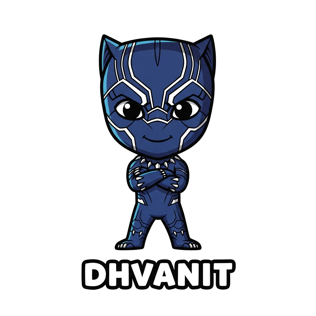 Custom design: A super cute, chibi-style Black Panther character standing proudly with arms crossed, a friendly smile, and the name ...