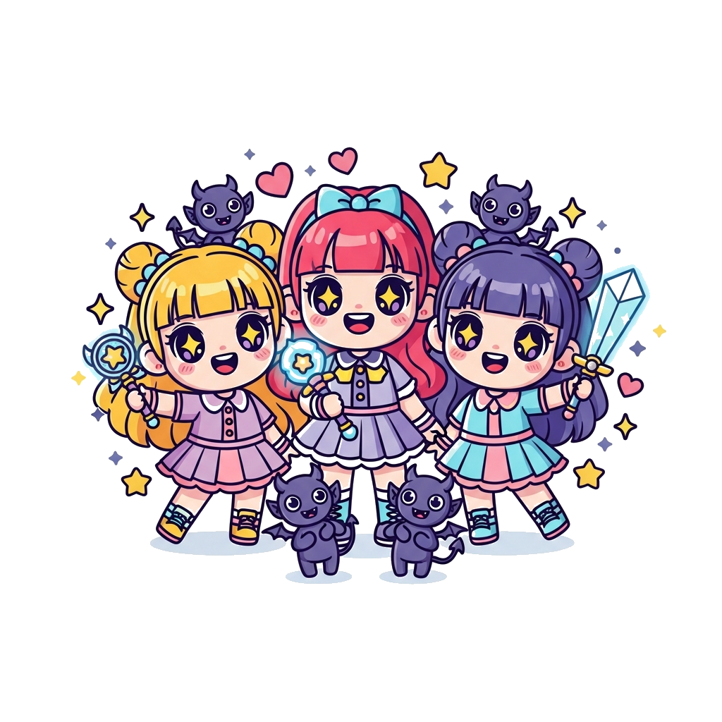 Custom design: A vibrant vector illustration of a cute chibi K-Pop inspired girl group, featuring three adorable children characters...