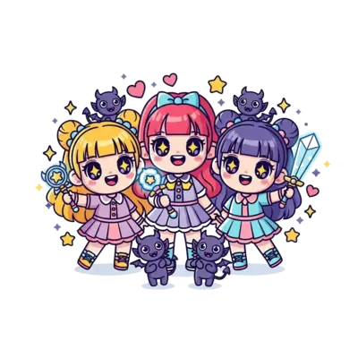 Design: A vibrant vector illustration of a cute chibi K-Pop inspired girl group, feat...