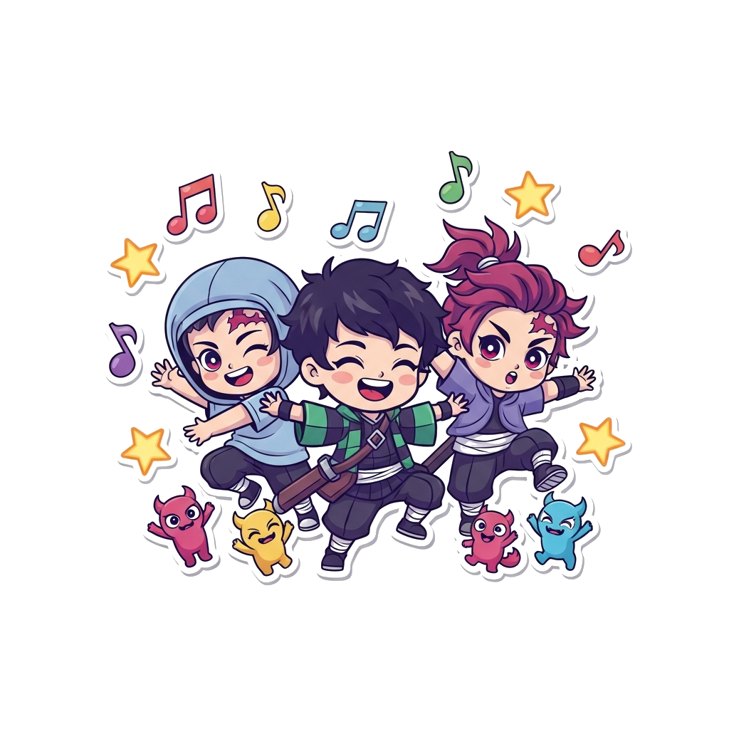 Custom design: A vibrant cartoon illustration of cute K-pop inspired kid demon hunters, with happy expressions, dancing energeticall...