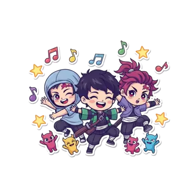 Design: A vibrant cartoon illustration of cute K-pop inspired kid demon hunters, with...