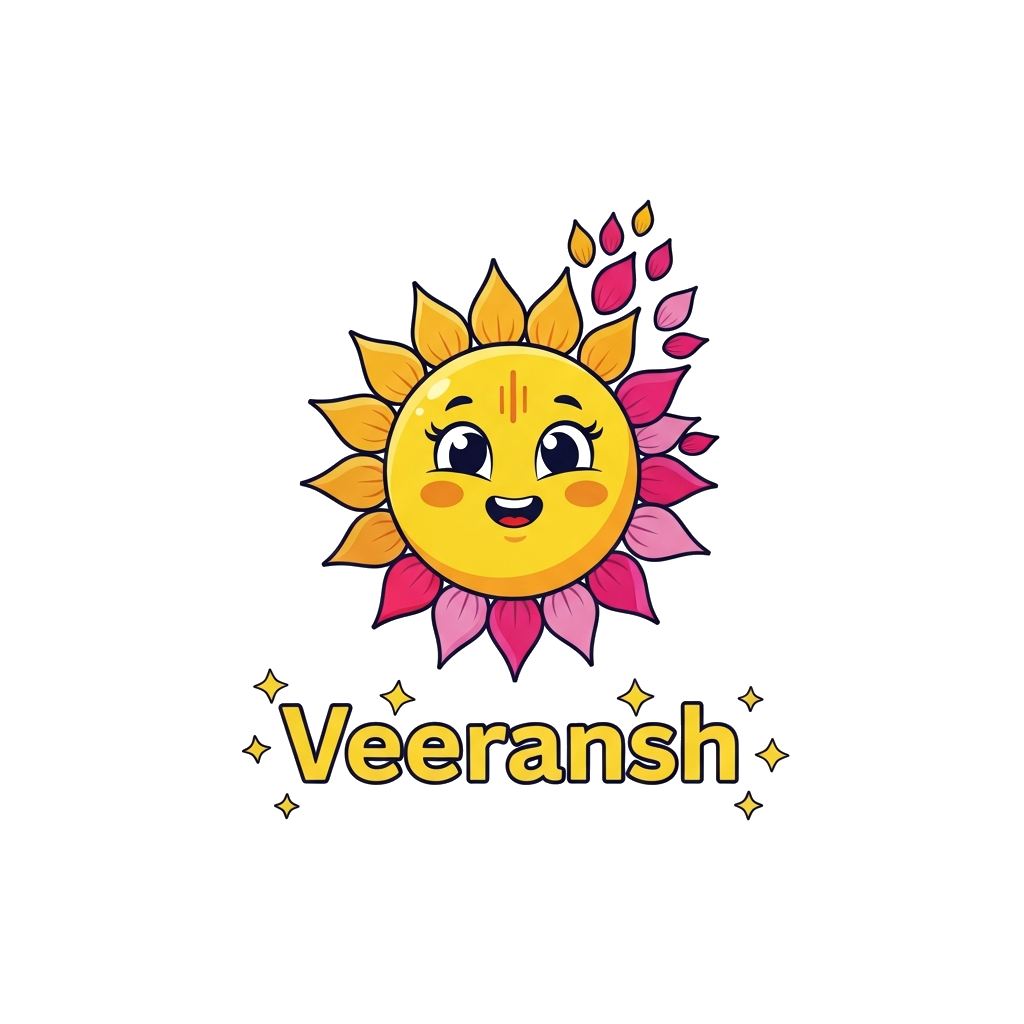 Custom design: A cheerful, stylized sun with a friendly face, its rays transforming into vibrant lotus petals. The name 'Veeransh' i...