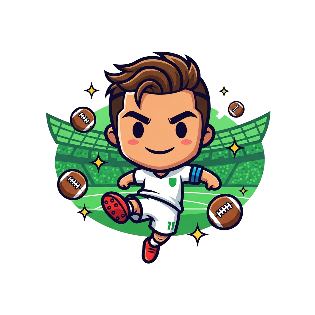Custom design: A cute, chibi-style Cristiano Ronaldo cartoon character, mid-kick, with a friendly smile, surrounded by sparkling foo...