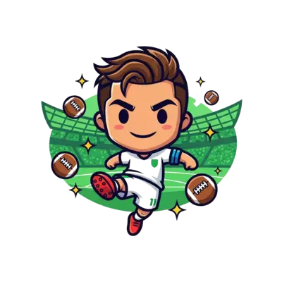 Design: A cute, chibi-style Cristiano Ronaldo cartoon character, mid-kick, with a fri...