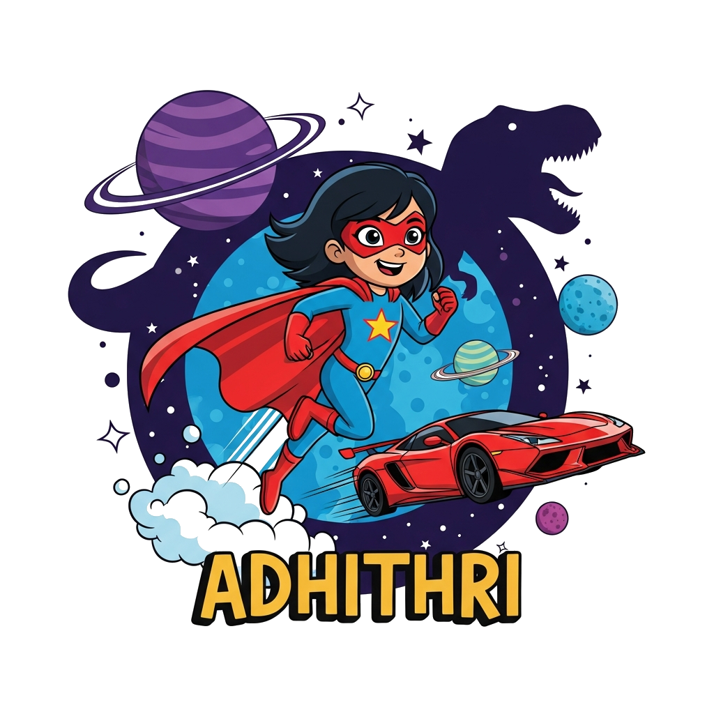 Custom design: A dynamic illustration of a confident superhero girl named Adhithri, soaring through a cosmic landscape filled with s...