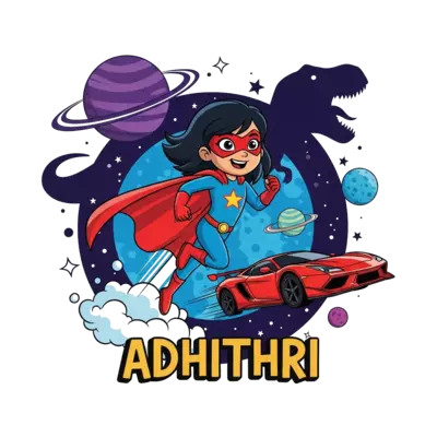 Design: A dynamic illustration of a confident superhero girl named Adhithri, soaring ...