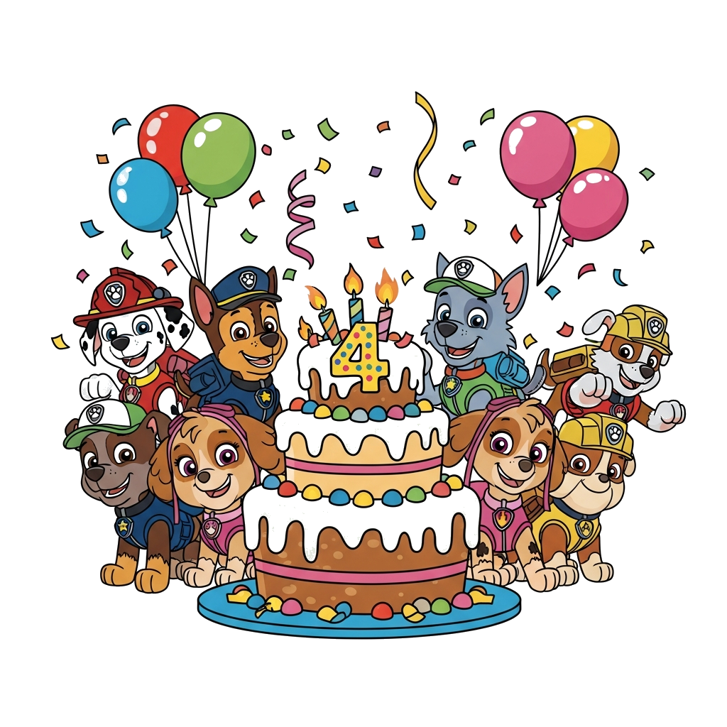 Custom design: A vibrant cartoon illustration of the entire Paw Patrol team (Chase, Marshall, Skye, Rubble, Rocky, Zuma) happily cel...