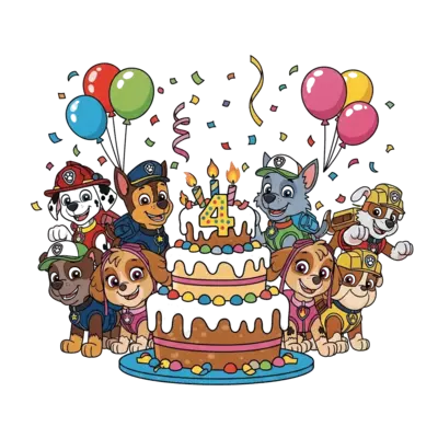 Design: A vibrant cartoon illustration of the entire Paw Patrol team (Chase, Marshall...