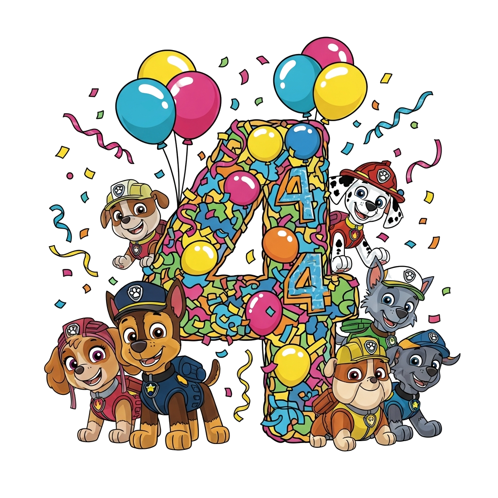 Custom design: A vibrant cartoon illustration of the entire Paw Patrol team (Chase, Marshall, Skye, Rubble, Rocky, Zuma) happily cel...