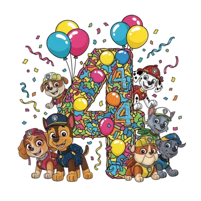 Design: A vibrant cartoon illustration of the entire Paw Patrol team (Chase, Marshall...