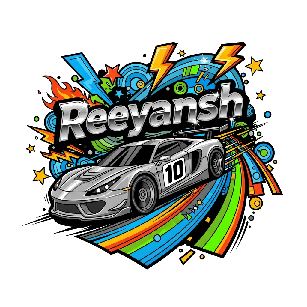 Custom design: A bold and cool illustration of a powerful, sleek sports car with the number '10' on its side, speeding across a dyna...