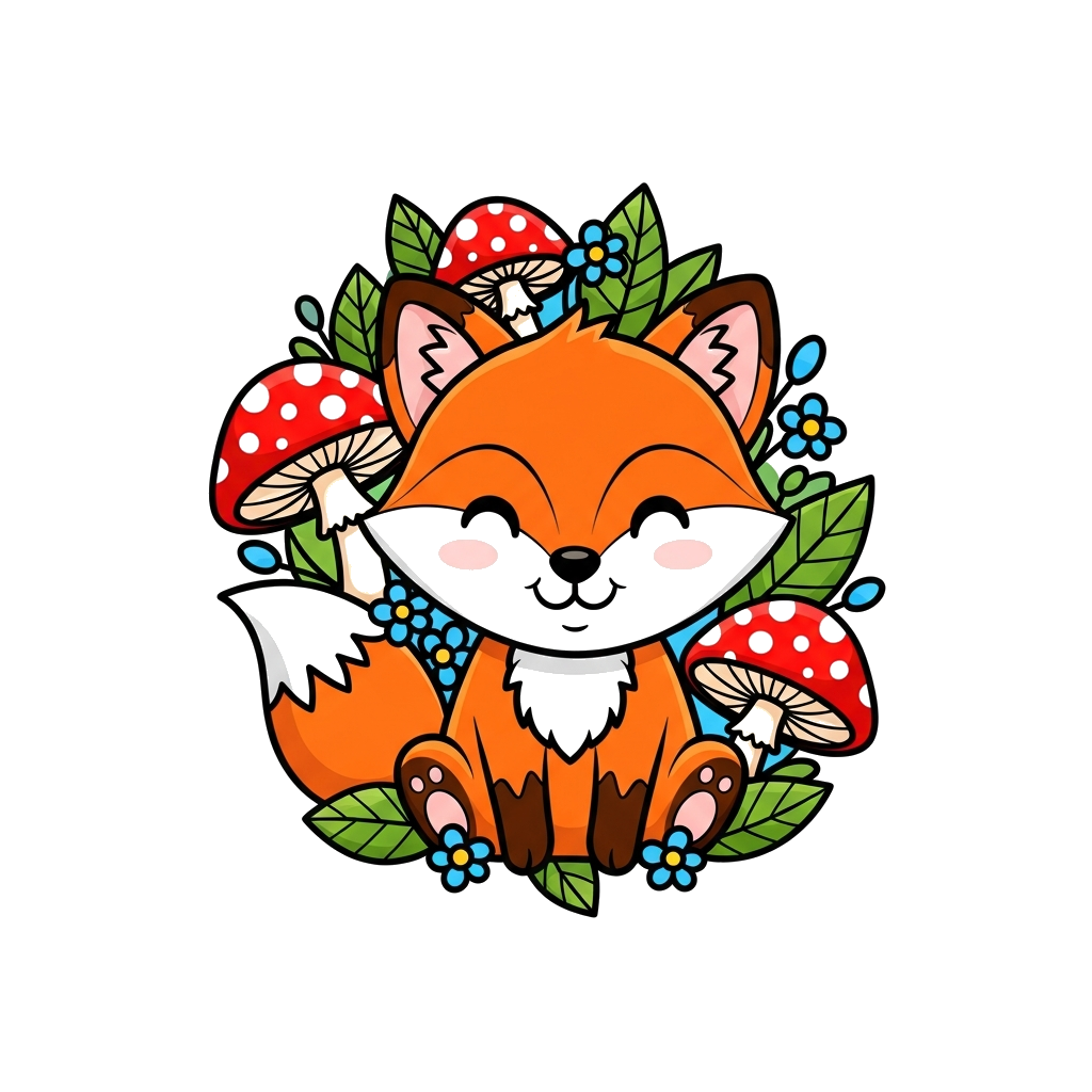 Custom design: A super cute cartoon baby fox character, smiling sweetly, surrounded by whimsical forest elements like mushrooms and ...