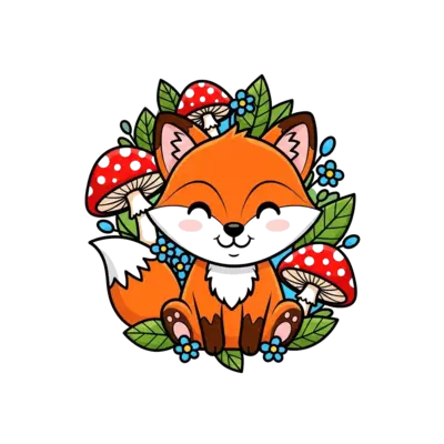 Design: A super cute cartoon baby fox character, smiling sweetly, surrounded by whims...