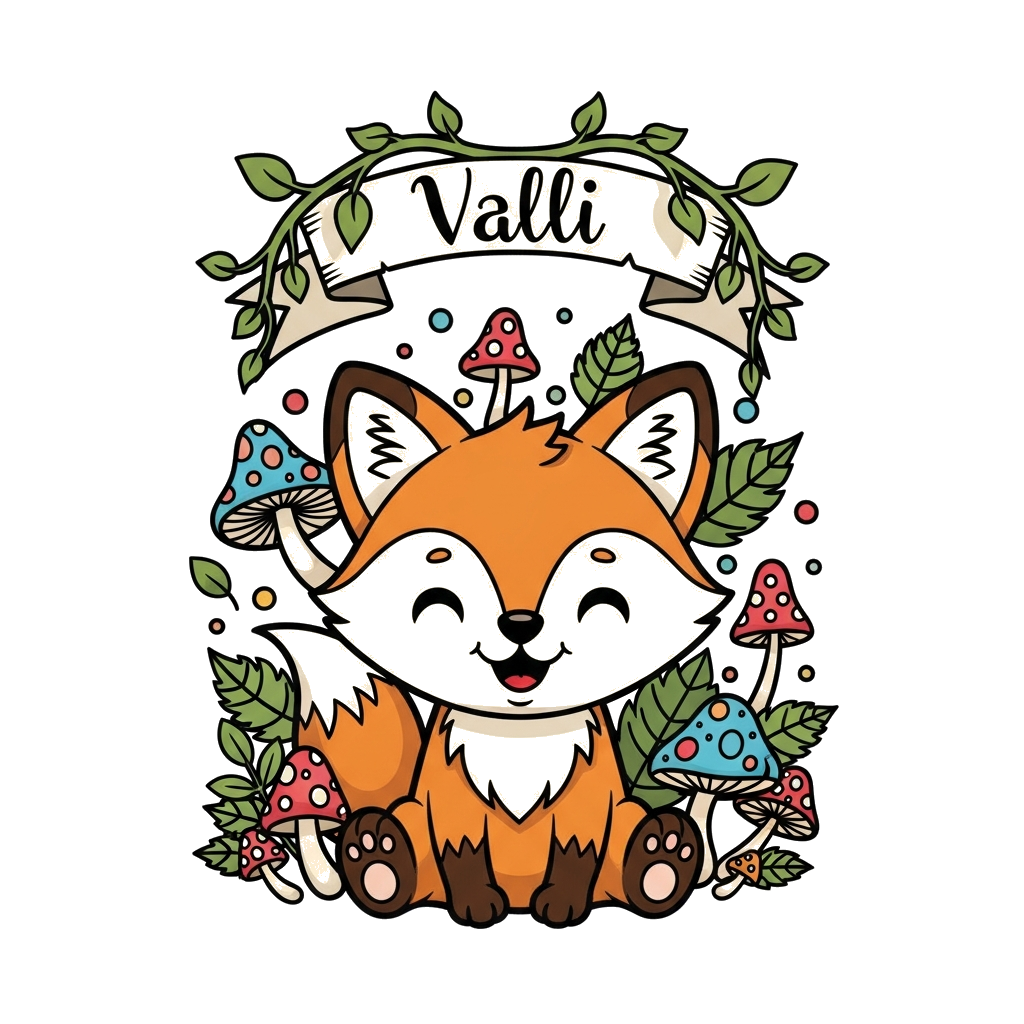 Custom design: A super cute cartoon baby fox character, smiling sweetly, surrounded by whimsical forest elements like colorful mushr...