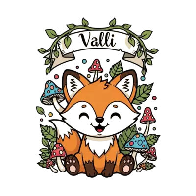 Design: A super cute cartoon baby fox character, smiling sweetly, surrounded by whims...