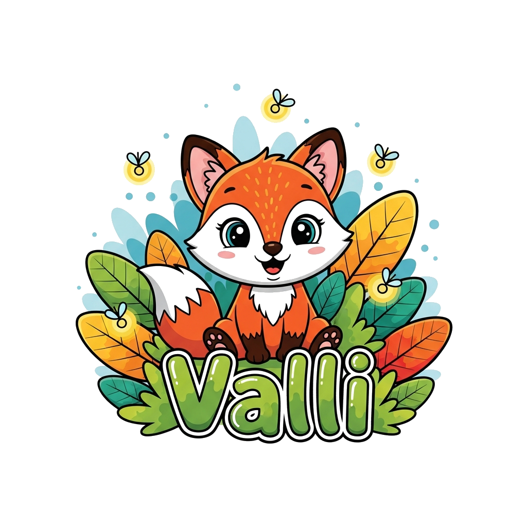 Custom design: A charming cartoon baby fox character, happily sitting amidst a vibrant forest scene with glowing fireflies and styli...