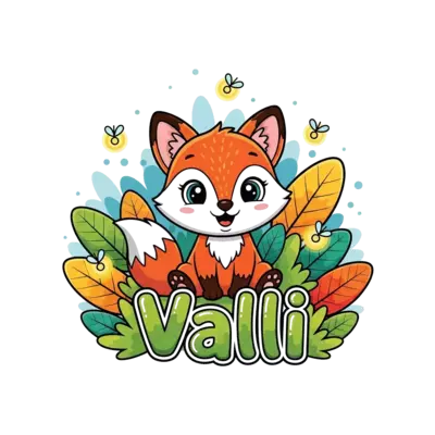 Design: A charming cartoon baby fox character, happily sitting amidst a vibrant fores...