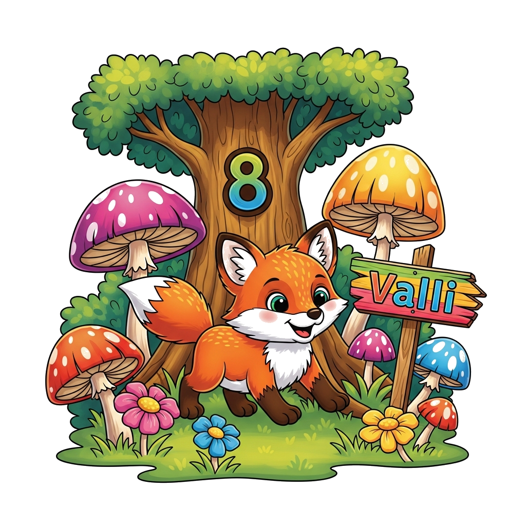 Custom design: A vibrant and cheerful cartoon illustration of a playful fox cub exploring a lush, colorful forest, surrounded by ove...