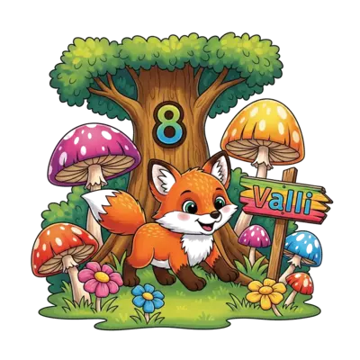 Design: A vibrant and cheerful cartoon illustration of a playful fox cub exploring a ...