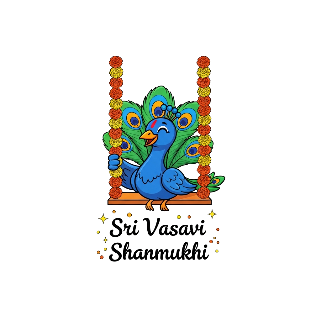 Custom design: A cute, smiling cartoon peacock with vibrant blue and green feathers, sitting on a swing adorned with bright orange a...