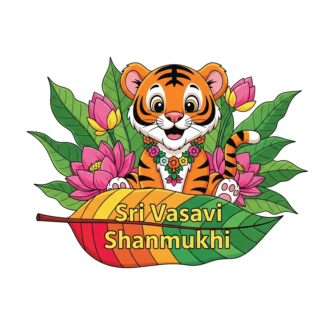 Custom design: A cheerful cartoon tiger cub, wearing a small flower garland, sitting among lush green leaves and bright lotus flower...