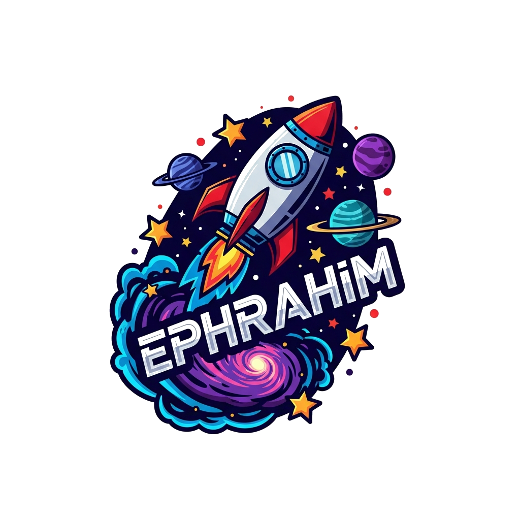 Custom design: A bold, dynamic illustration of a rocket launching into a starry galaxy, with 'Ephrahim' written in a futuristic, str...
