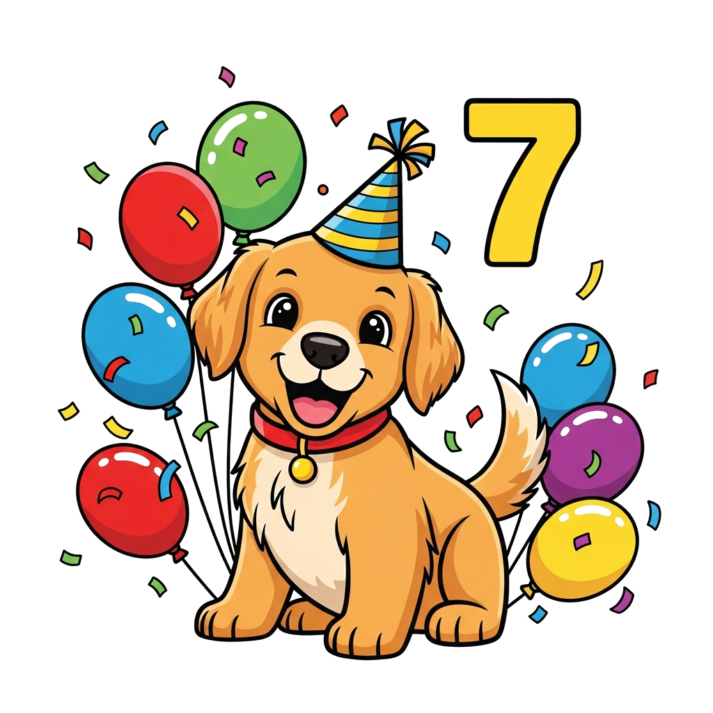 Custom design: A cheerful cartoon golden retriever puppy wearing a party hat, surrounded by colorful balloons and confetti, with the...