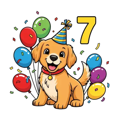 Design: A cheerful cartoon golden retriever puppy wearing a party hat, surrounded by ...