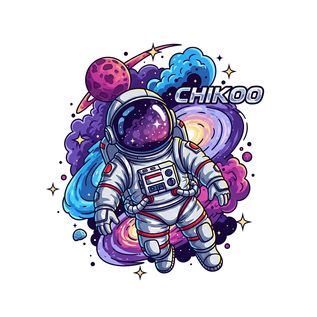 Custom design: A dynamic and cool astronaut character floating in a vibrant galaxy, with 'Chikoo' written in a futuristic, bold font...
