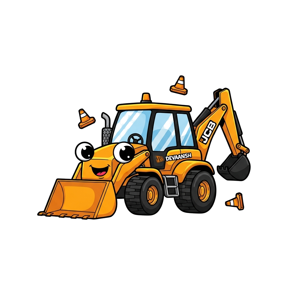 Custom design: A cute cartoon JCB with big friendly eyes, a cheerful smile, and tiny construction cones around it, in a playful, vib...
