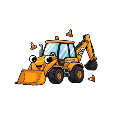 Design: A cute cartoon JCB with big friendly eyes, a cheerful smile, and tiny constru...
