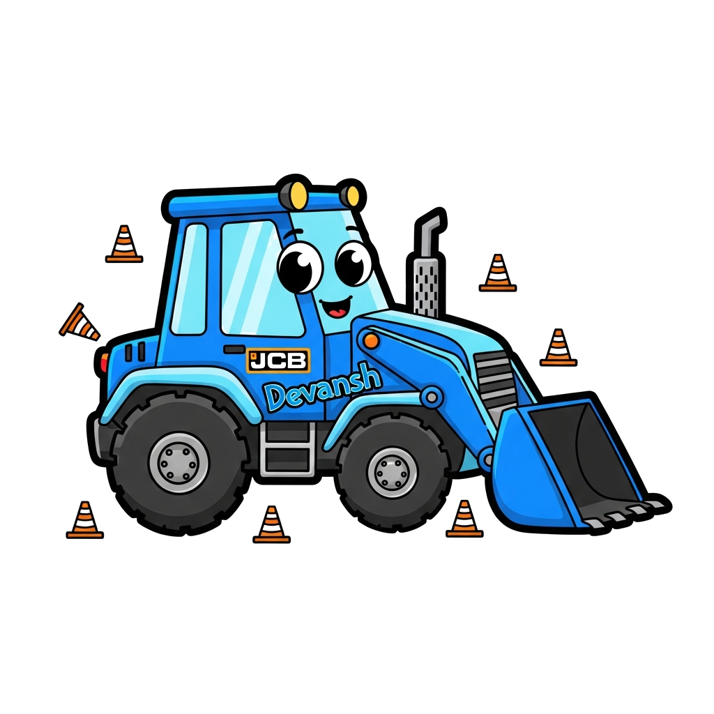 Custom design: A cute cartoon JCB with big friendly eyes and a cheerful smile, predominantly in shades of bright blue and sky blue, ...