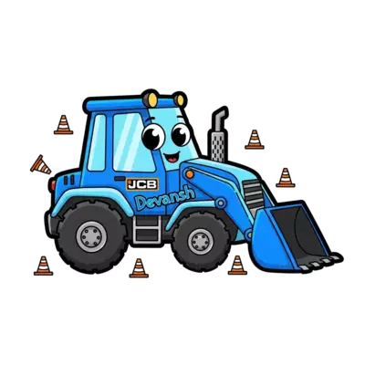 Design: A cute cartoon JCB with big friendly eyes and a cheerful smile, predominantly...