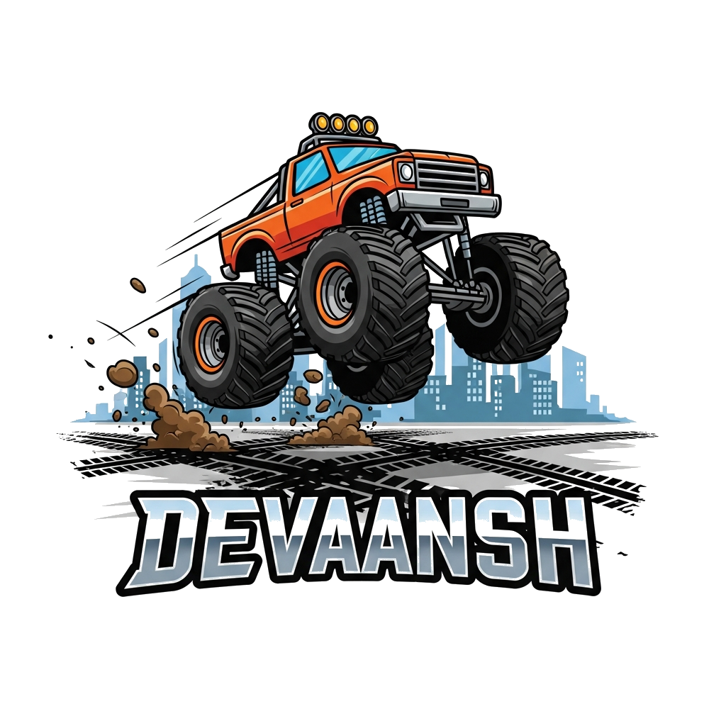 Custom design: A dynamic illustration of a monster truck doing a cool jump, with 'Devaansh' written in a bold, metallic font below, ...