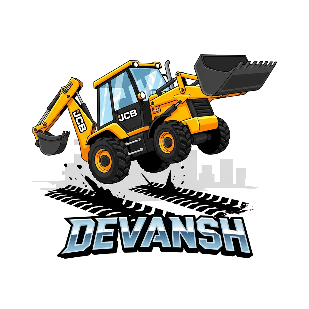 Custom design: A vibrant digital art illustration of a cheerful yellow JCB construction vehicle doing a cool jump, with its shovel a...