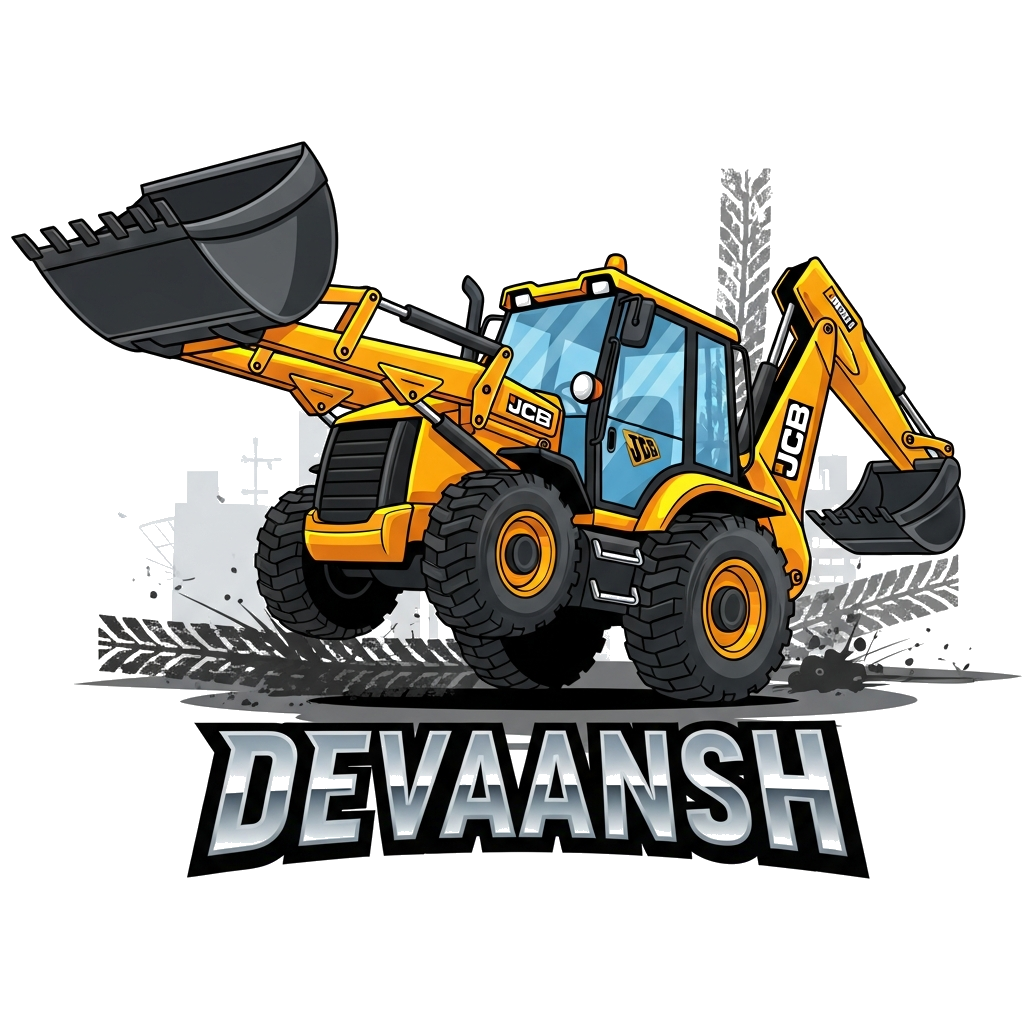 Custom design: A vibrant digital art illustration of a cheerful yellow JCB construction vehicle doing a cool jump, its shovel arm pl...