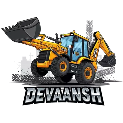 Design: A vibrant digital art illustration of a cheerful yellow JCB construction vehi...