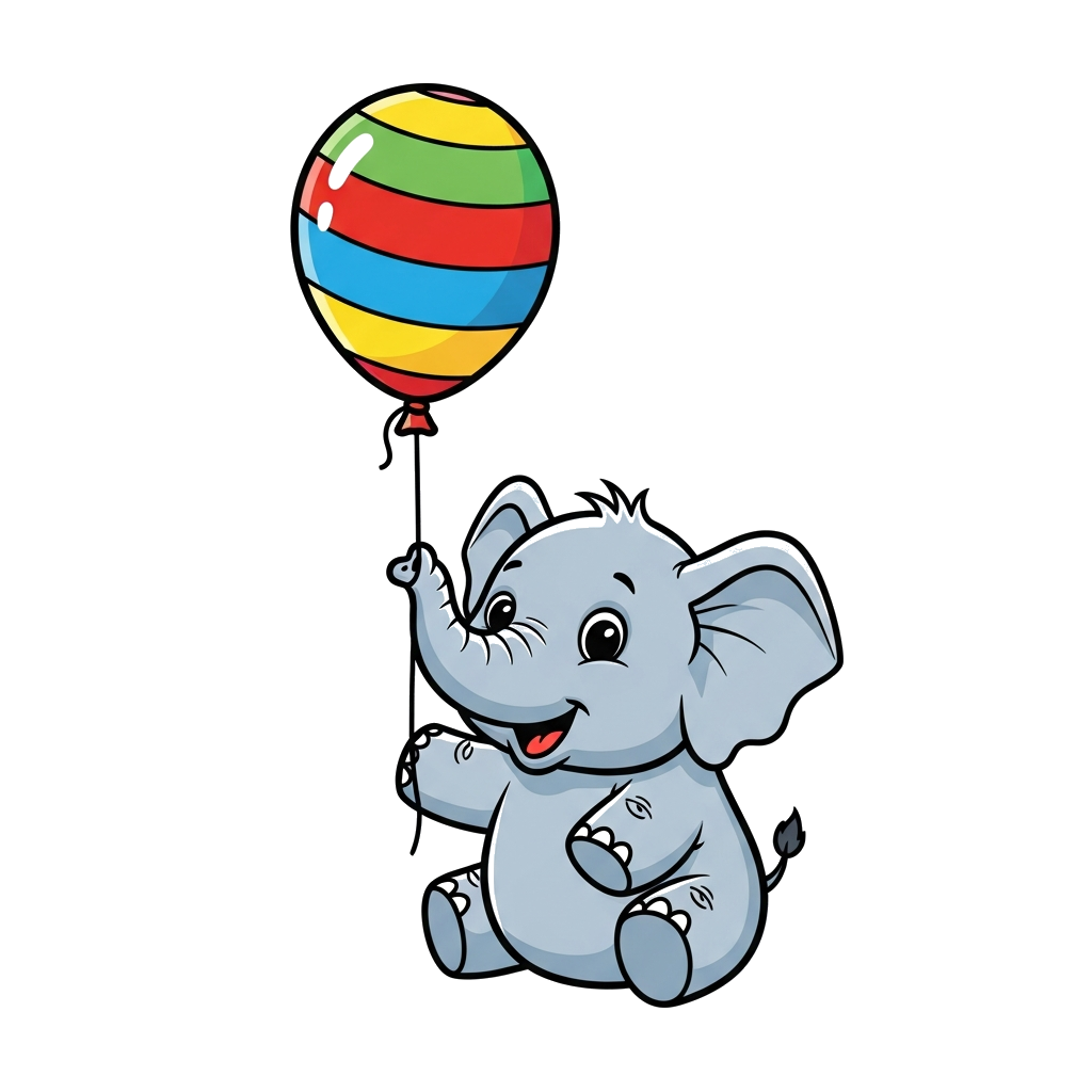 Custom design: A cute, chubby baby elephant cartoon with big friendly eyes, happily playing with a colorful balloon in a bright, che...