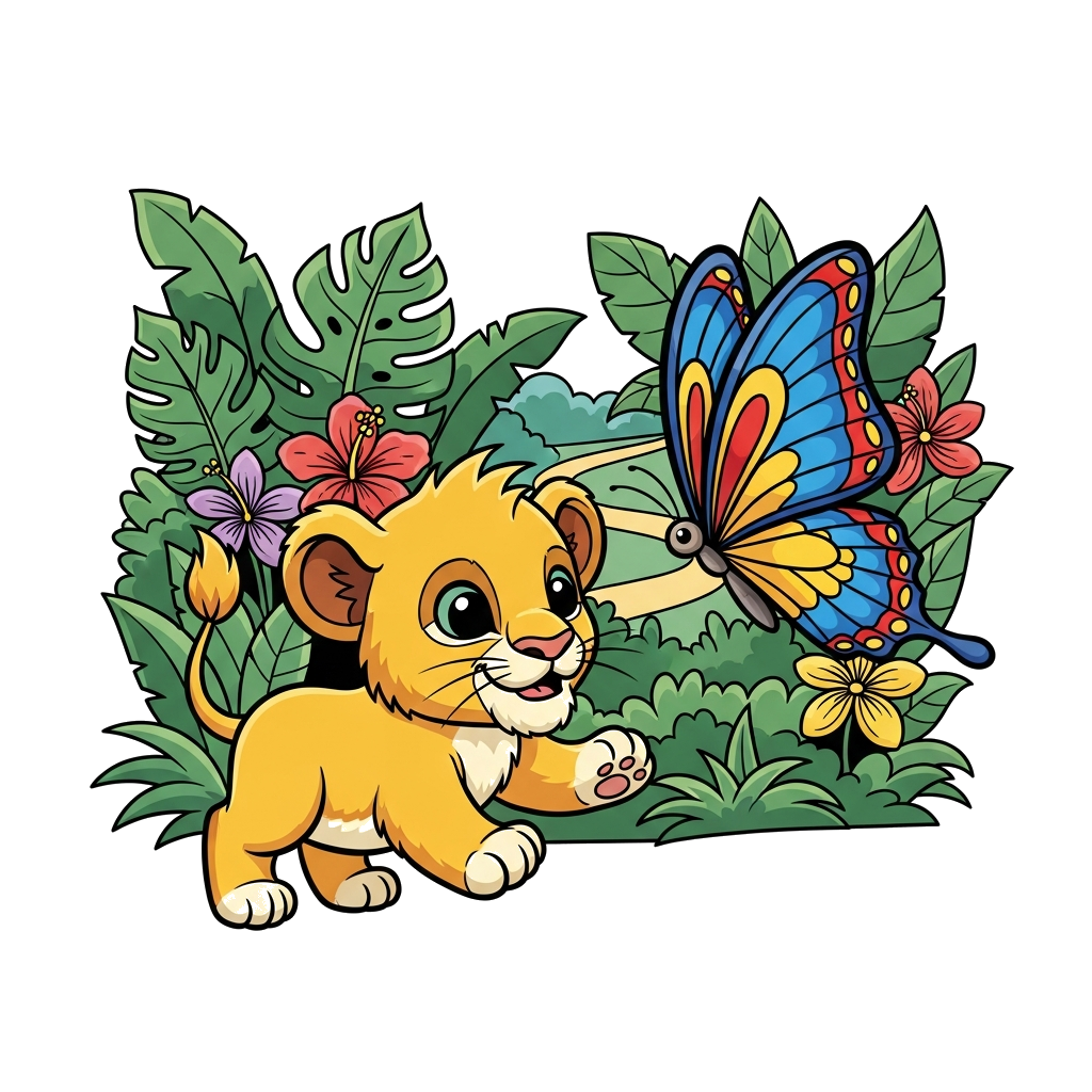 Custom design: A super cute baby lion cub with big friendly eyes, playfully chasing a colorful butterfly in a lush jungle setting, c...