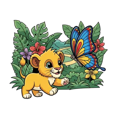 Design: A super cute baby lion cub with big friendly eyes, playfully chasing a colorf...