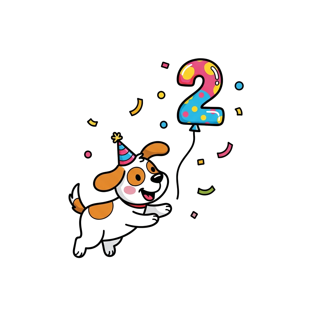 Custom design: A whimsical illustration of a happy cartoon puppy wearing a tiny party hat, playfully chasing a '2' shaped balloon, s...