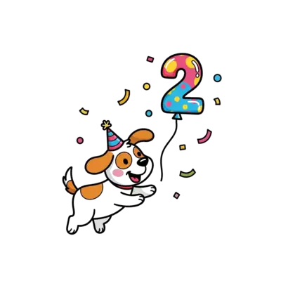 Design: A whimsical illustration of a happy cartoon puppy wearing a tiny party hat, p...