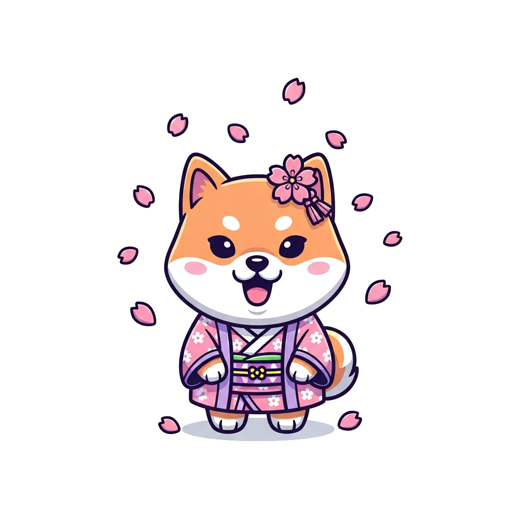 Custom design: A cute, happy shiba inu dog wearing a small kimono, surrounded by falling pink cherry blossoms (sakura petals), in a ...