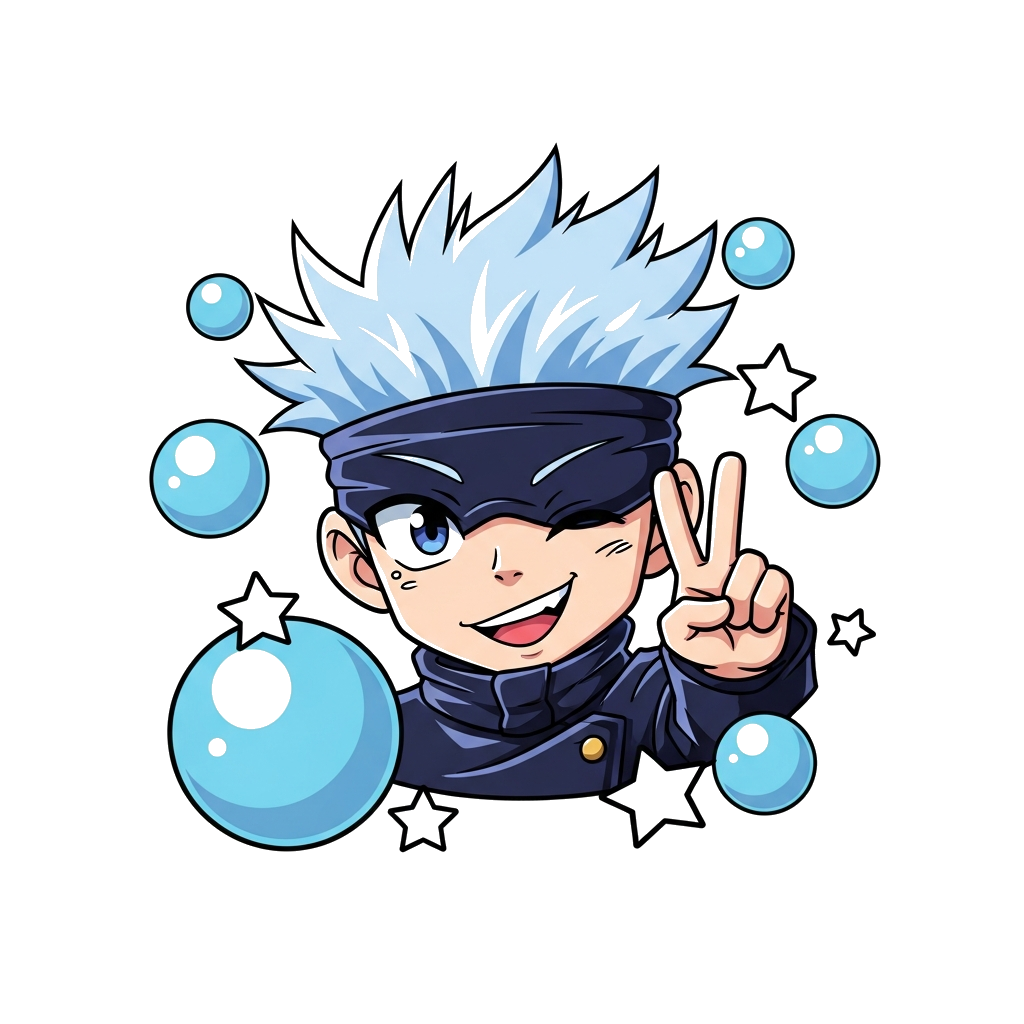 Custom design: A super cute chibi Gojo Satoru from Jujutsu Kaisen, winking and giving a playful peace sign, wearing his blindfold, s...