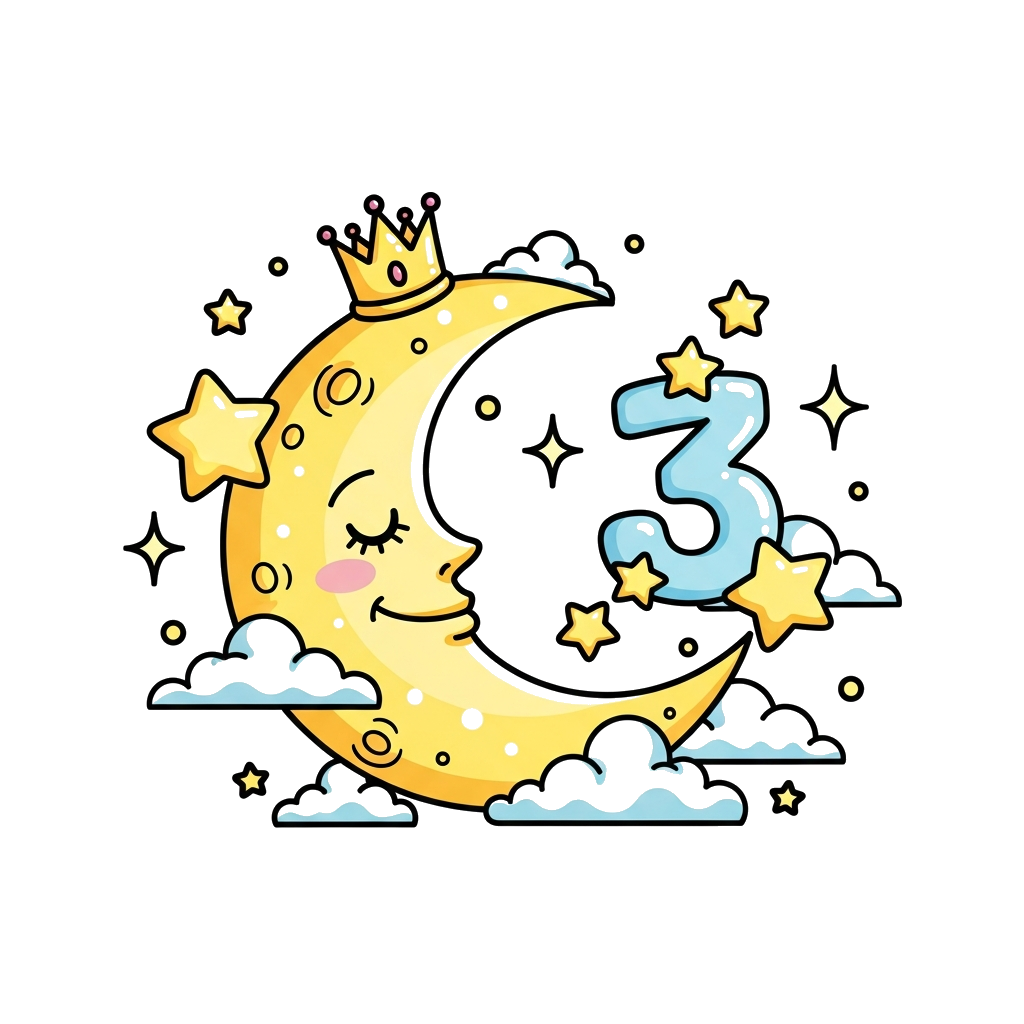 Custom design: A whimsical illustration of a happy, glowing crescent moon wearing a tiny birthday crown, surrounded by twinkling sta...